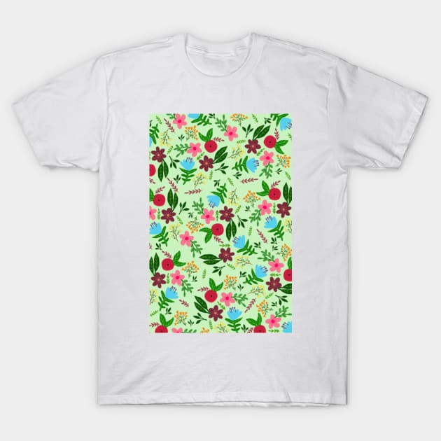 Red, pink, blue and maroon flower pattern with mint color background T-Shirt by SanMade